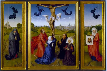 Kreuzigungstriptychon mit hl. Maria Magdalena, hl. Veronika und unbekannten Stiftern, ca. 1440-45
